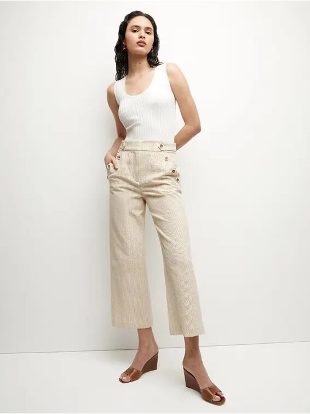 NWT $428 Veronica Beard Hunter Seersucker Pant In Khaki/White